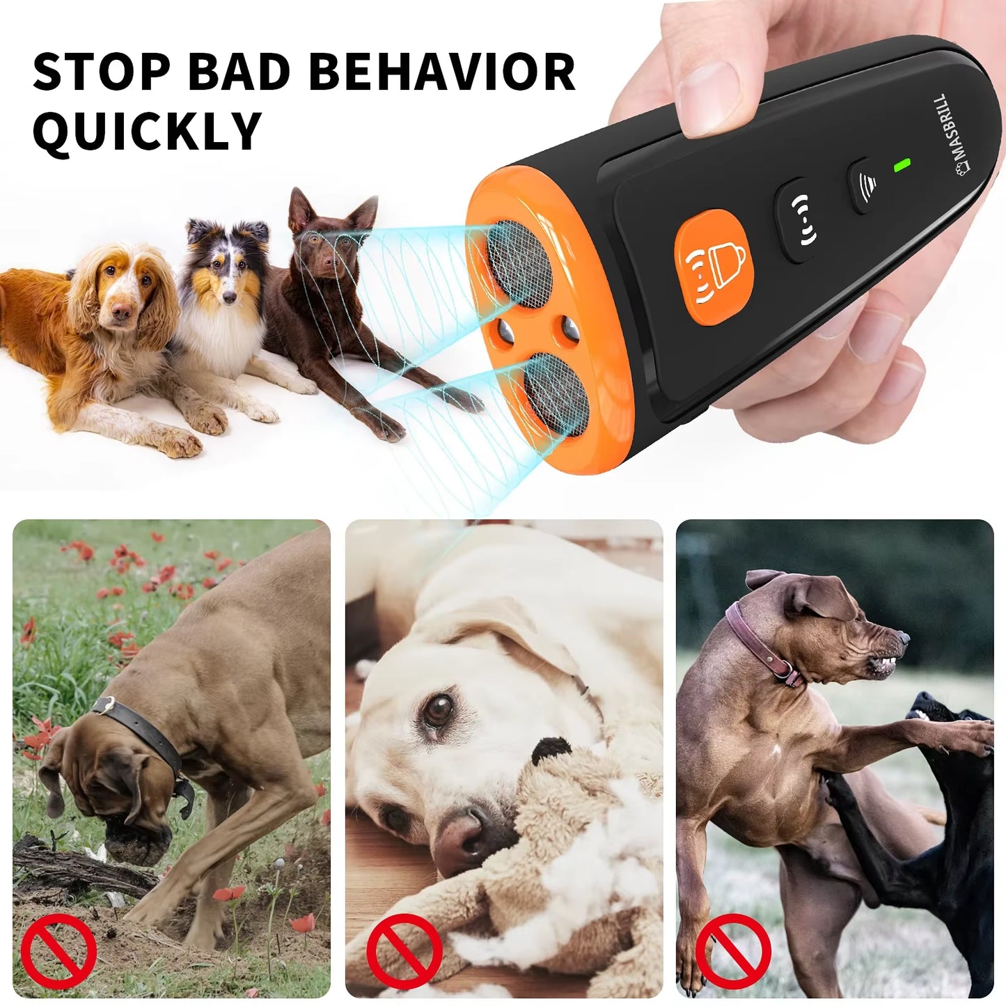 Rechargeable Ultrasonic Anti-Barking Device | Safe Dog Training Tool | Stop Barking up to 16.7 Ft | Effective for All Dog Breeds